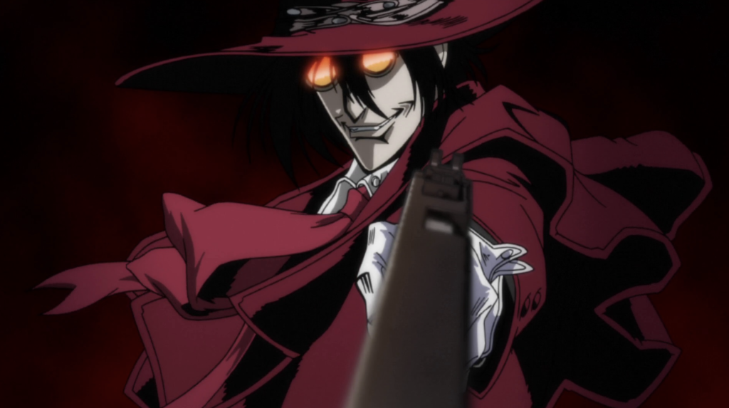 Alucard points his heavy handgun (The Casull) while wearing his signature red fedora, trench coat, and tinted glasses from Hellsing.