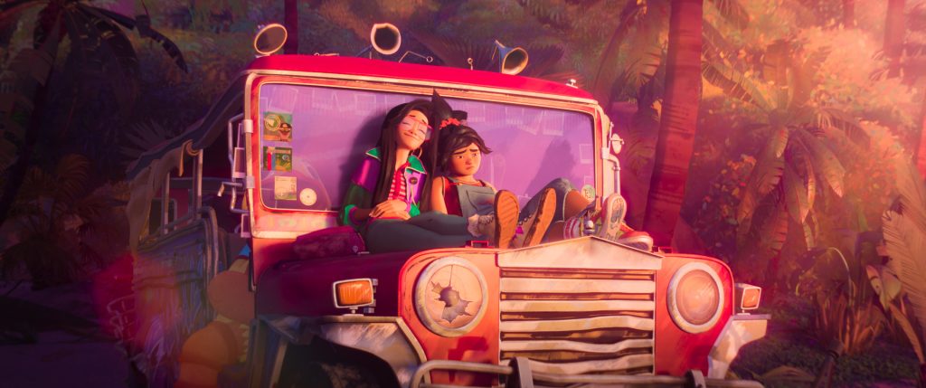 Two people sitting on the hood of a bus and chilling in Forgotten Island