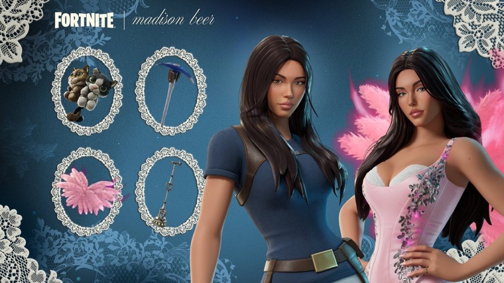 Official Fortnite promo art showcasing the two Madison Beer outfits and other cosmetics.