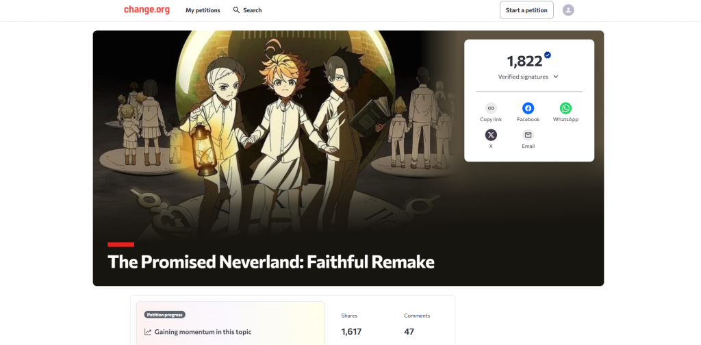 a screenshot of the promised neverland petition