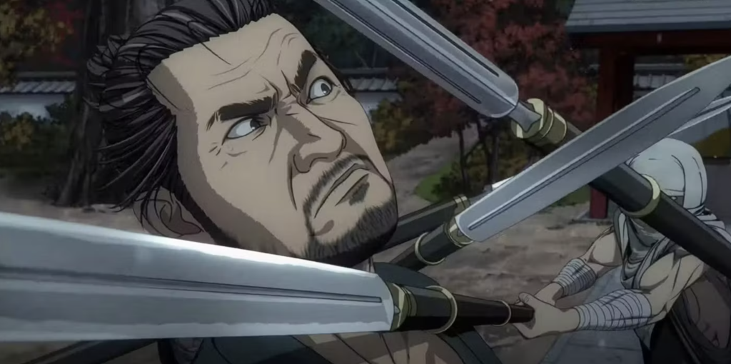 This image shows the protagonist Miyamoto Musashi blocking an attack in the Netflix Onimusha anime series.