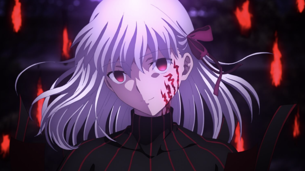 The image appears to show Dark Sakura Matou from the anime film trilogy Fate/stay night: Heaven's Feel, characterized by her pale white hair, reddish-purple eyes, and dark outfit with red markings.