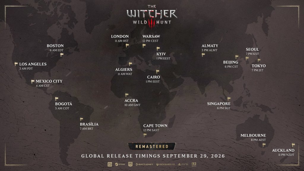 A world map showing The Witcher 3 Remastered release timings for major time zones across the globe.