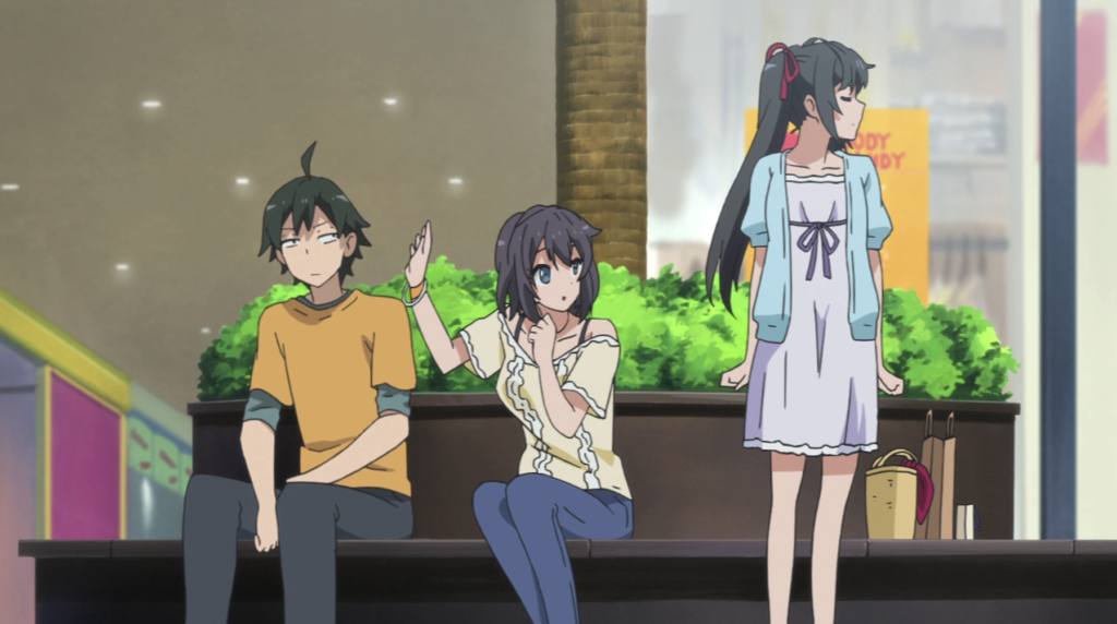 This scene from My Youth Romantic Comedy Is Wrong, As I Expected (OreGairu) shows Hachiman Hikigaya, Komachi Hikigaya, and Yukino's older sister, Haruno Yukinoshita, during an accidental run-in at the shopping mall.