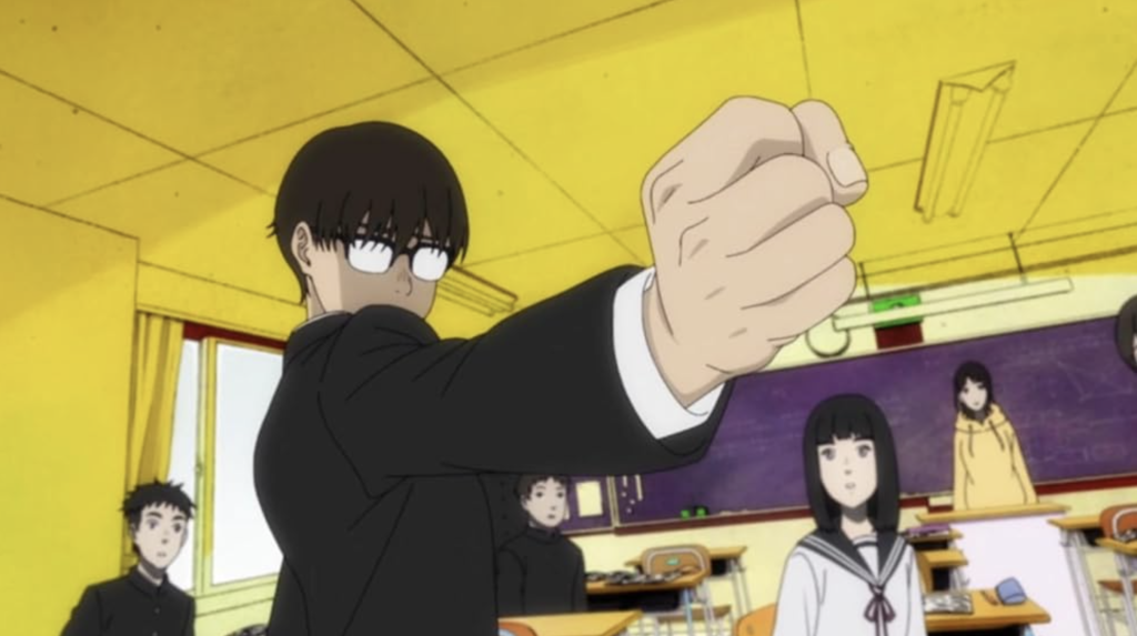 This image appears to show the character Sasaki from the anime anthology series Tatsuki Fujimoto 17-26, specifically from Episode 2 titled "Sasaki Stops a Bullet" (Sasaki-kun ga Juudan Tometa).