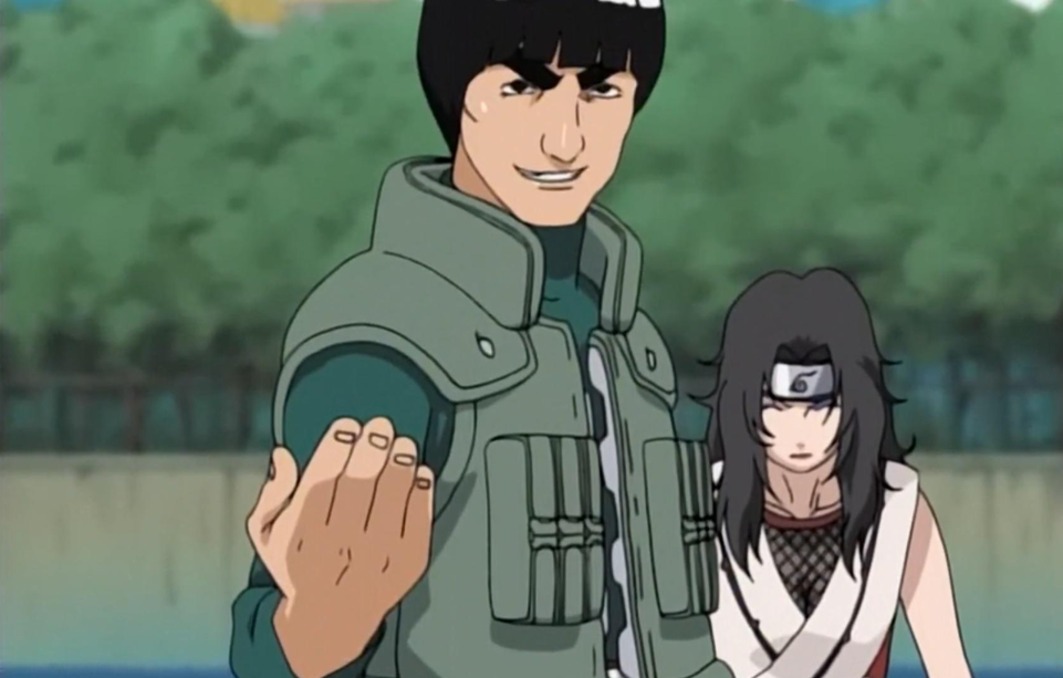 Might Guy facing Itachi and Kisame in Naruto with Kurenai in the background. 