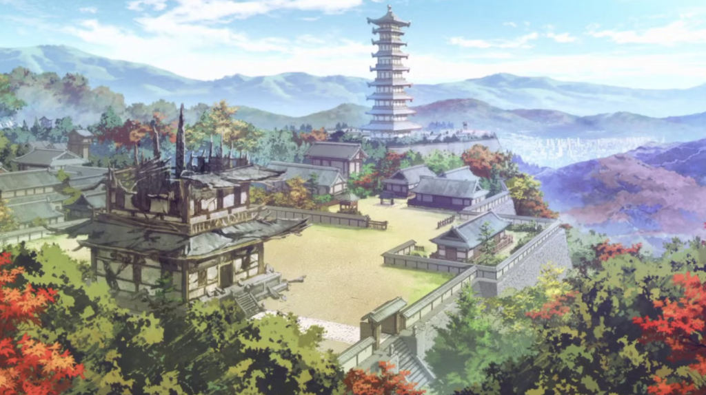 The image shows Ecruteak City and the Burned Tower from the Pokémon Johto region, as depicted in the animated special Pokémon Generations.