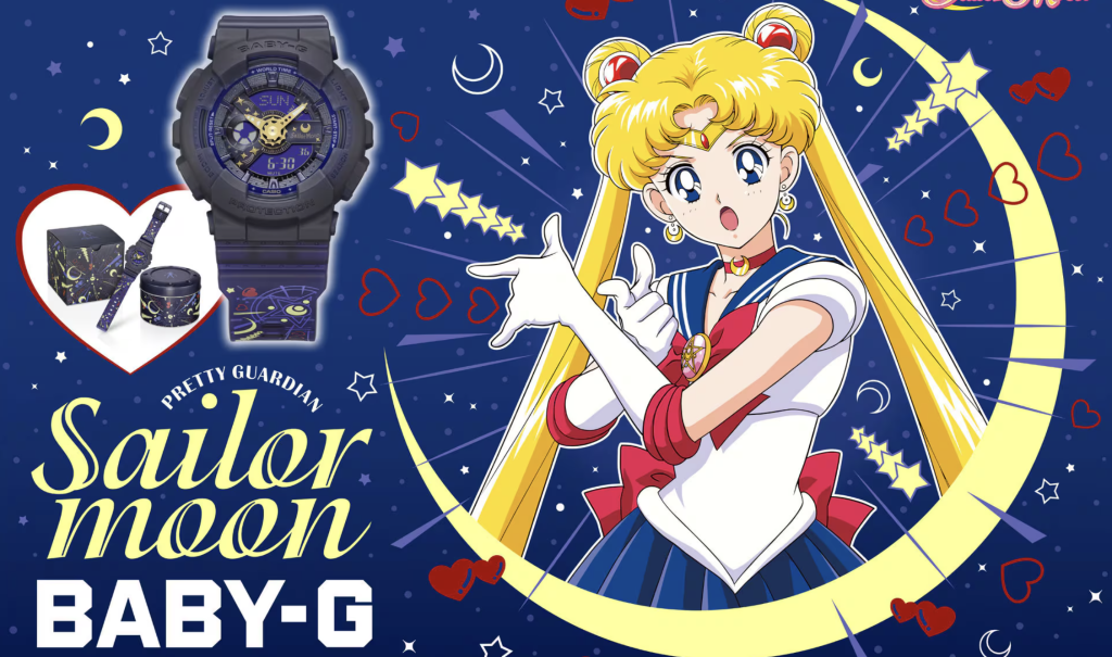 The image shows the Casio BABY-G x Pretty Guardian Sailor Moon collaboration watch, model BA-110XSM-2A.