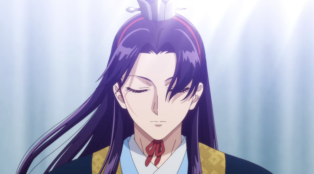 The image appears to show Jinshi from the anime series The Apothecary Diaries, shown with long purple hair, closed eyes, and a red bow-like tie at the collar during a trailer for Season 3.