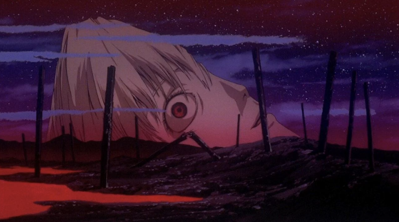 Hình ảnh này thể hiện một cảnh trong bộ phim hoạt hình Neon Genesis Evangelion: The End of Evangelion năm 1997, do Hideaki Anno đạo diễn.