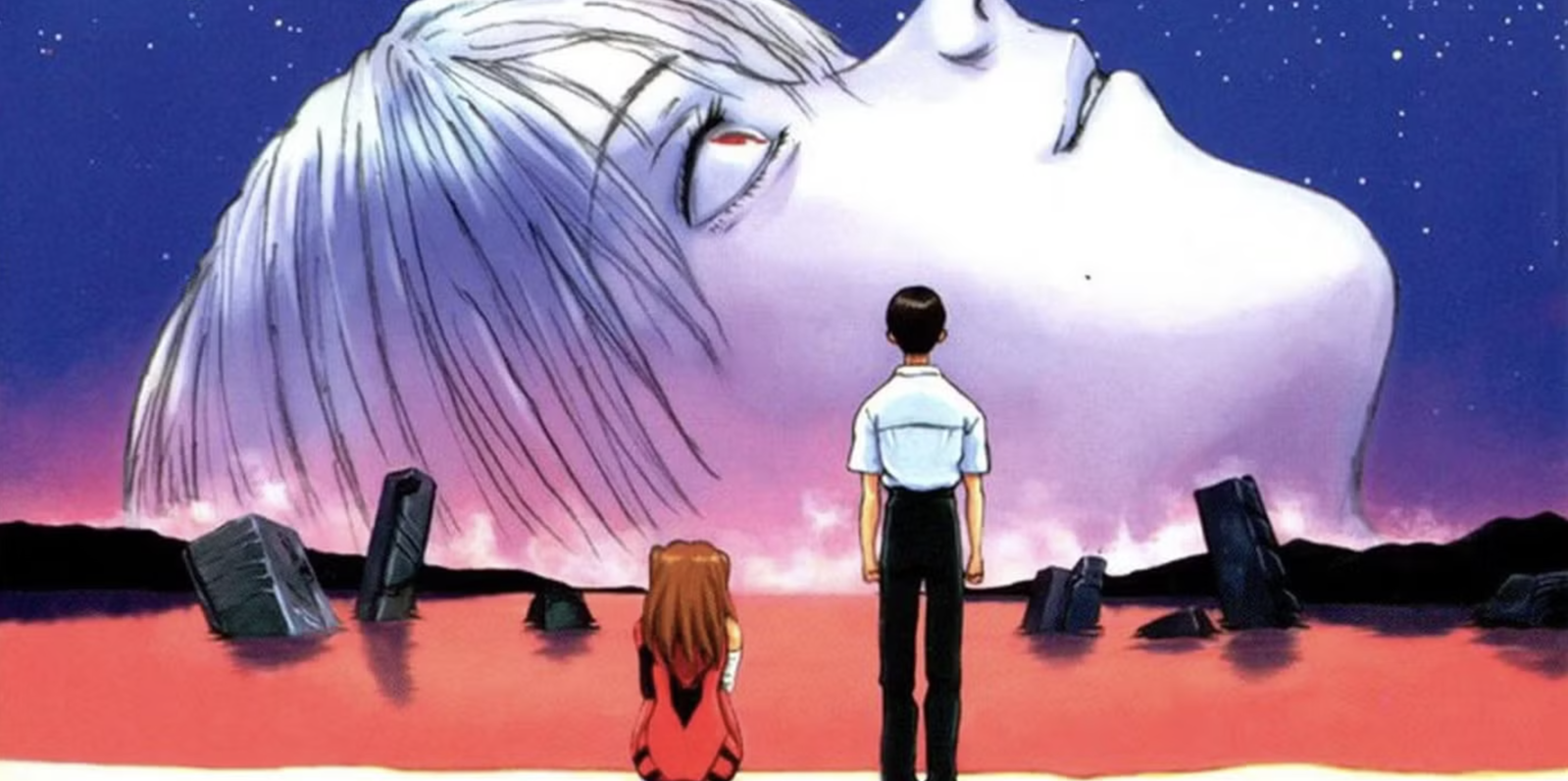 Hình ảnh này thể hiện một cảnh nổi tiếng trong bộ phim hoạt hình The End of Evangelion năm 1997, với hình ảnh đầu khổng lồ của Rei Ayanami nhìn xuống biển đỏ cùng Shinji Ikari và Asuka Langley Soryu.