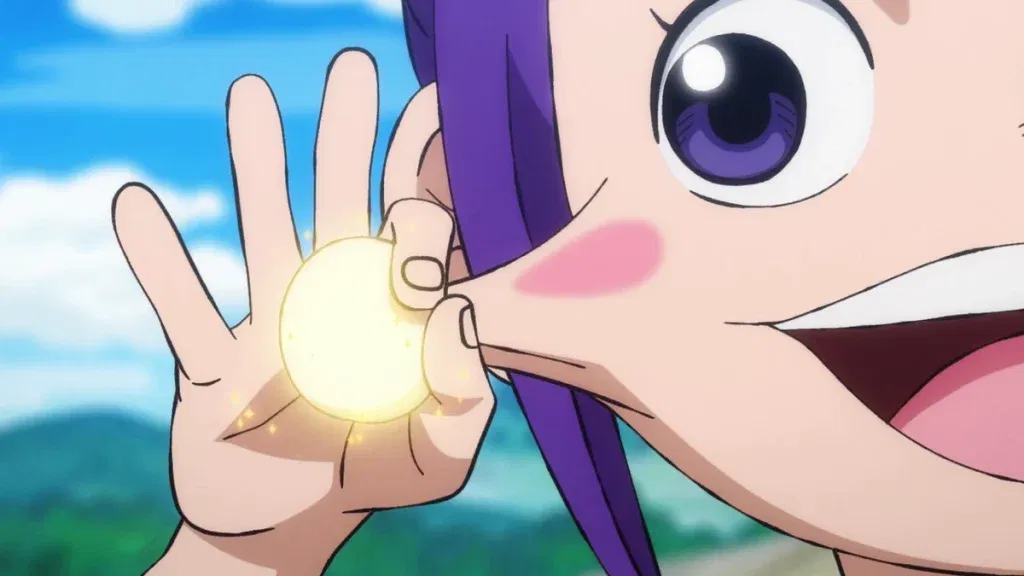 Kurozumi Tama from the anime One Piece pulling a glowing Millet Dumpling right out of her cheek.