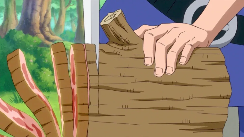 Streusen using the Cook-Cook Fruit from One Piece to slice a piece of wood that turns into meat.