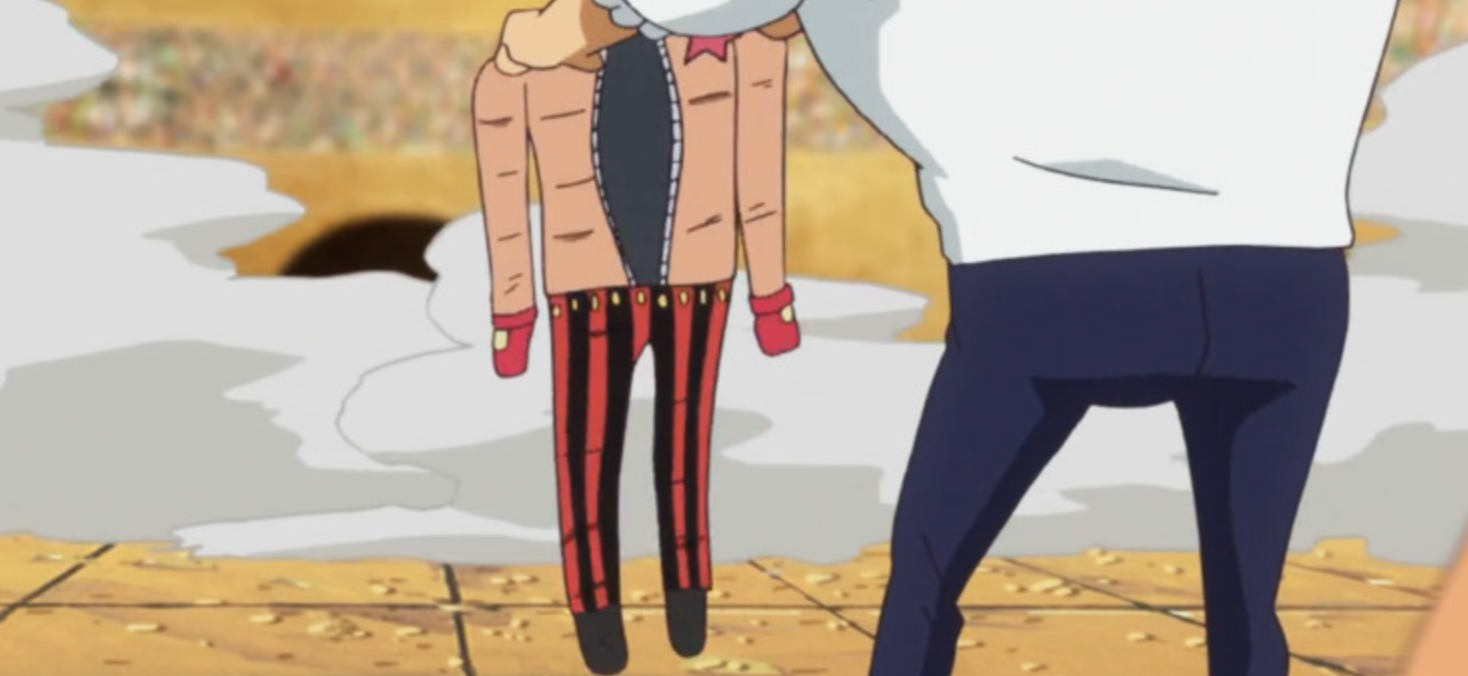 Kelly Funk transformed into a wearable jacket as part of his Jacket-Jacket Fruit ability from the anime One Piece.