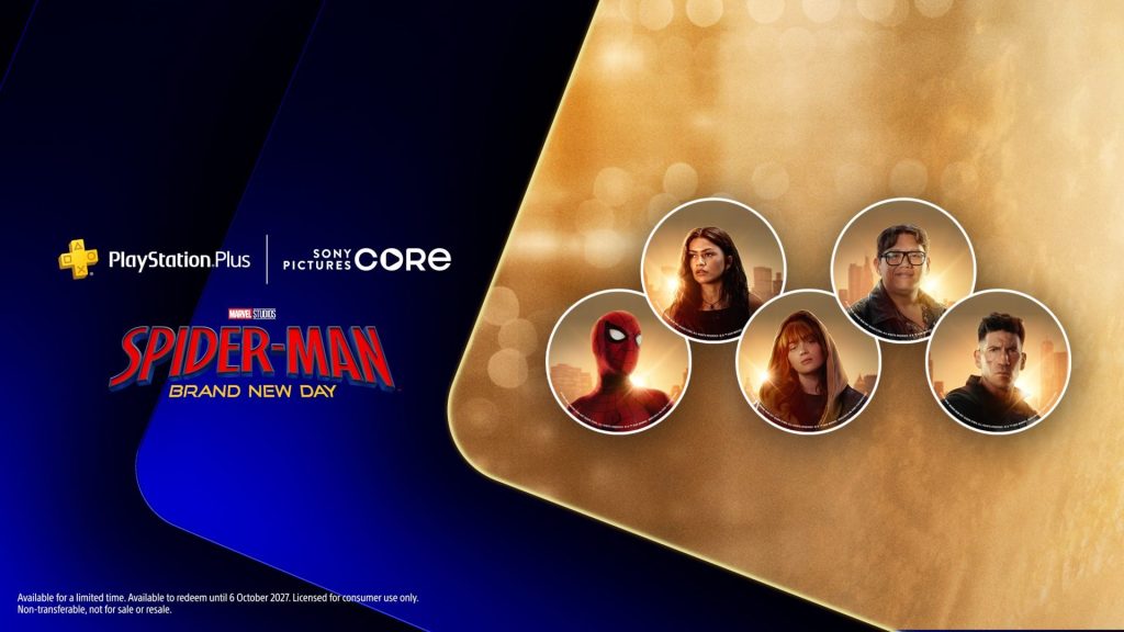 All PS Plus Monthly Free Games for October 2026 30 Image showcasing five new Spider-Man: Brand New Day avatars as part of the PS Plus x Sony Pictures Core collaboration.