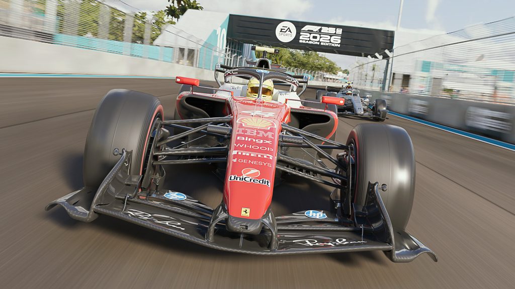 An official gameplay screenshot of F1 25, showing a red Formula 1 car from a front angle. 