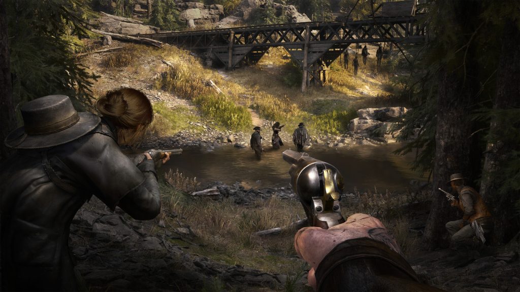 All PS Plus Monthly Free Games for October 2026 28 Hunt: Showdown 1986 gameplay screenshot showing a squad of three players about to ambush another squad near a river.