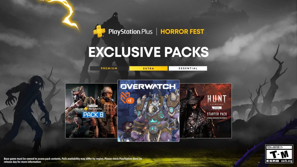 All PS Plus Monthly Free Games for October 2026 31 PS Plus Horror Fest promo art showing the bonus packs on offer for Call of Duty: Warzone, Overwatch, ad Hunt: Showdown 1896.