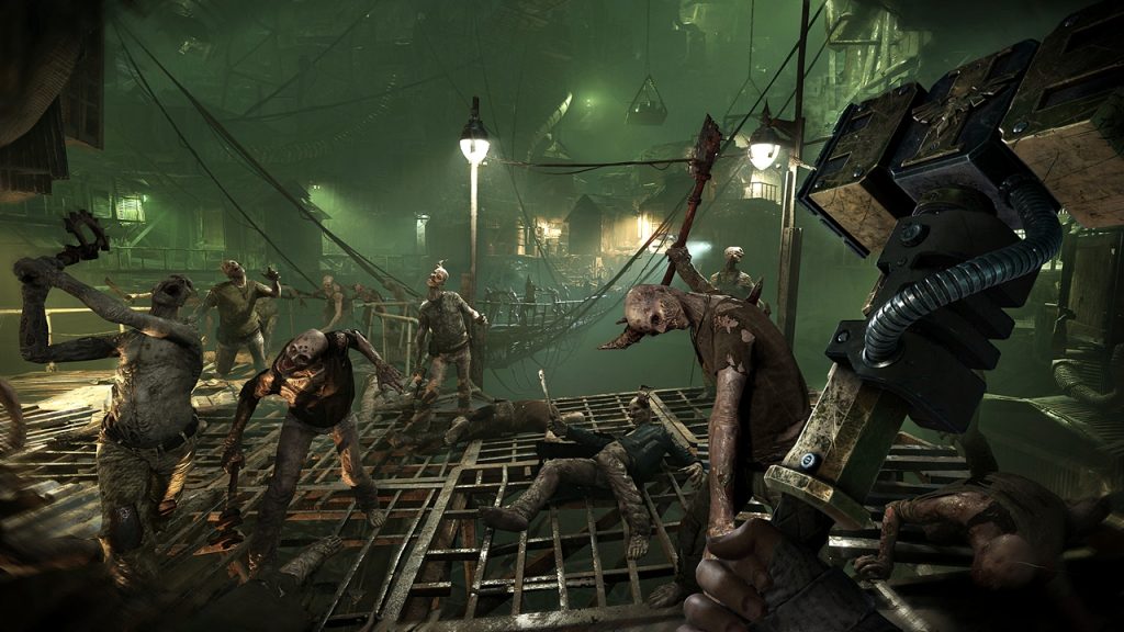  Darktide gameplay screenshot, showcasing the player holding a large hammer in first-person as they're about to face a horde of monstrous enemies.