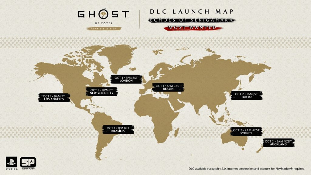 An officially released global map for Ghost of Yōtei Complete Edition and DLC release timings.