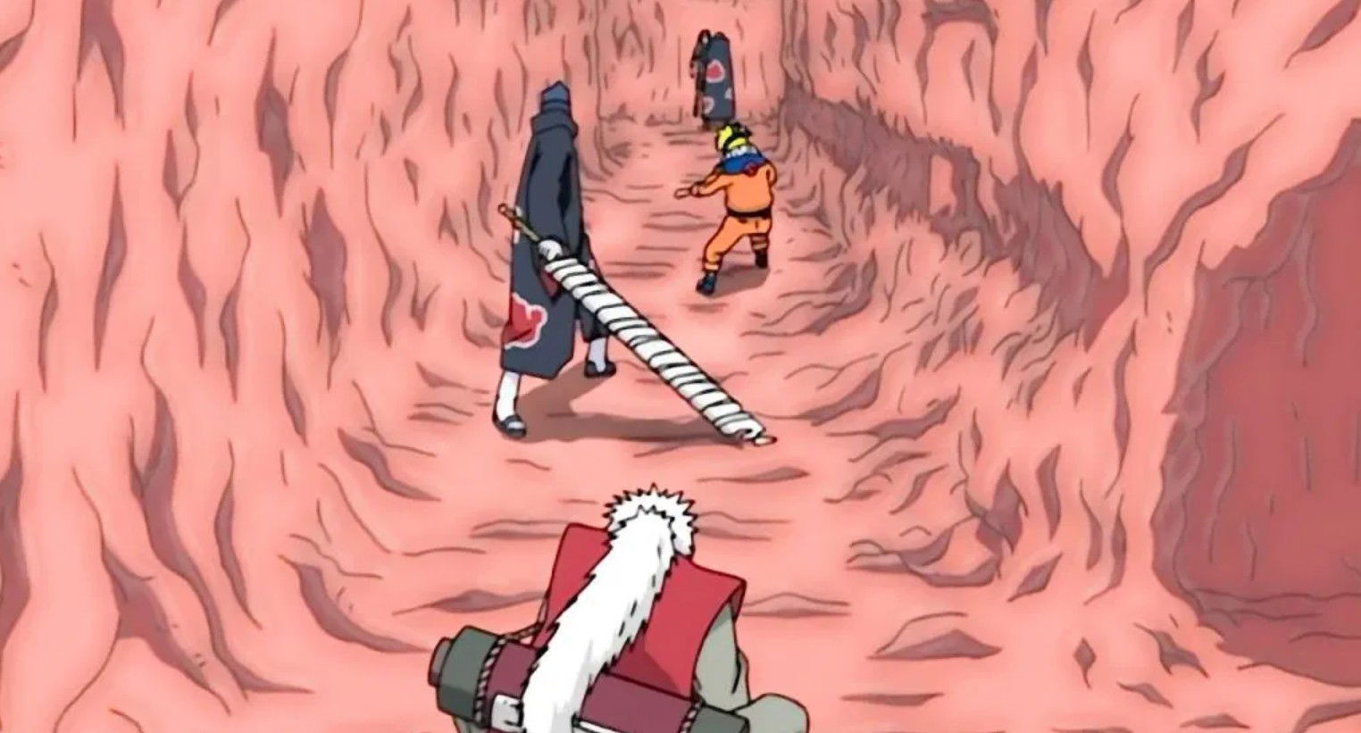 Jiraiya trapping Itachi Uchiha and Kisame Hoshigaki, inside the esophagus of a great fire-breathing toad in the Naruto series.