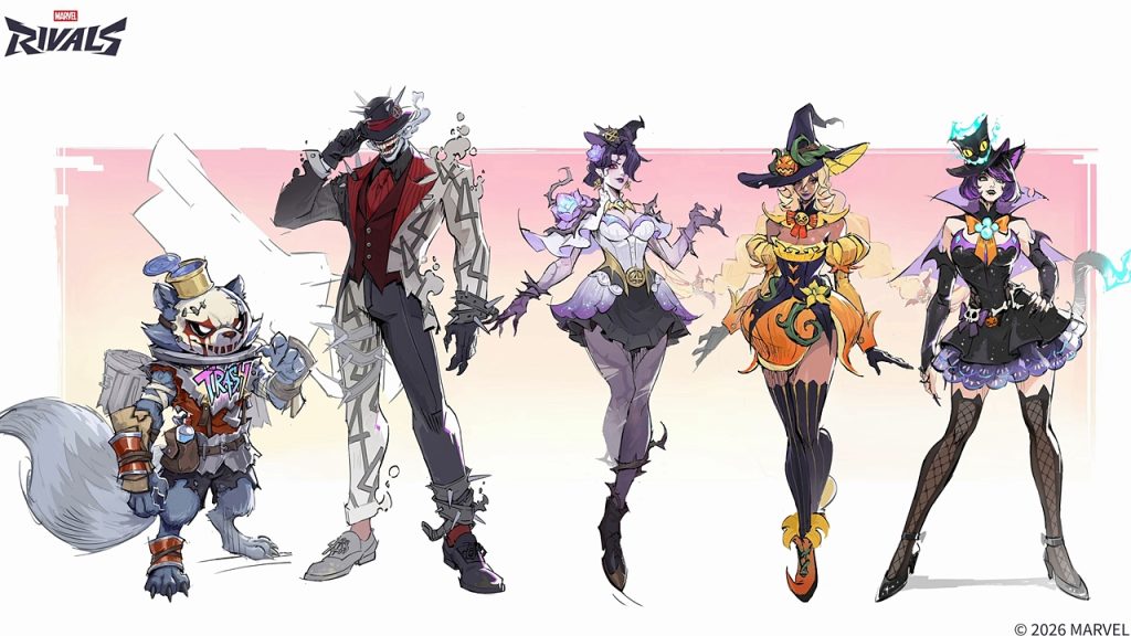 Official Marvel Rivals artwork showcasing Halloween-themed skins for Rocket Raccoon, Mister Fantastic, Invisible Woman, Scarlet Witch, and Black Cat.