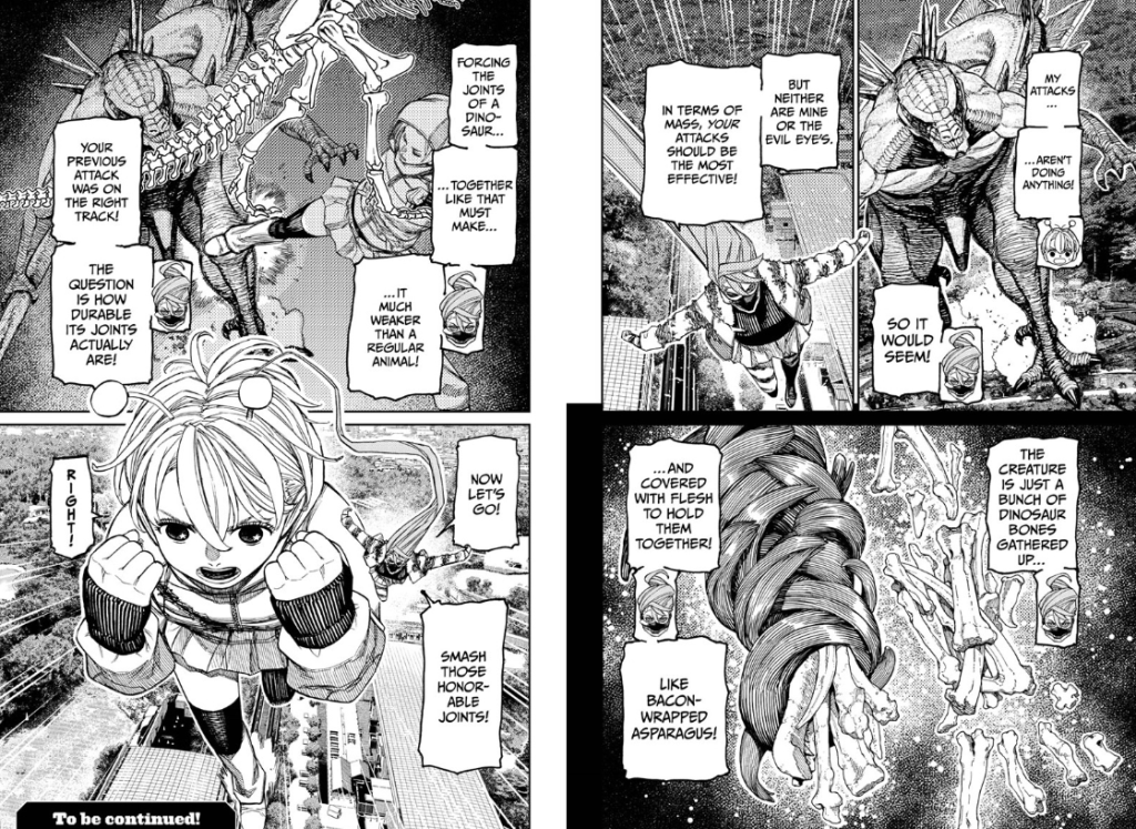 Bamora and Aira join forces against the Chimera Dinosaur in Dandadan Chapter 247. 