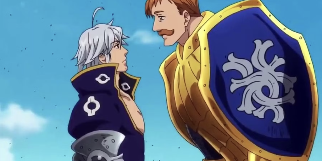 This image shows a confrontation between Escanor (the Lion's Sin of Pride) and Estarossa (one of the Ten Commandments) from the anime series The Seven Deadly Sins (Nanatsu no Taizai).