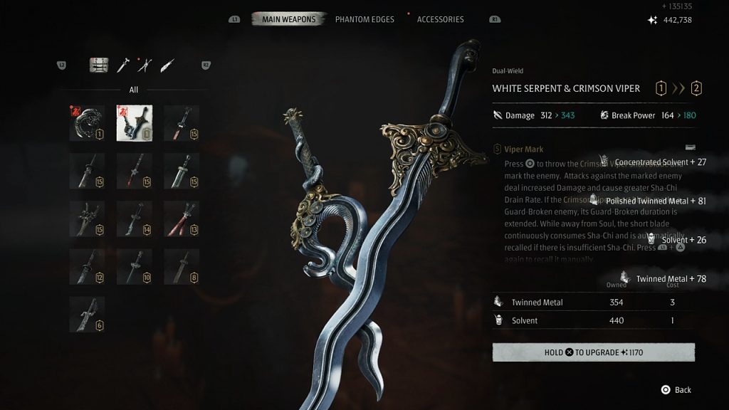 An in-game screenshot of Phantom Blade Zero showcasing the Weapons menu.