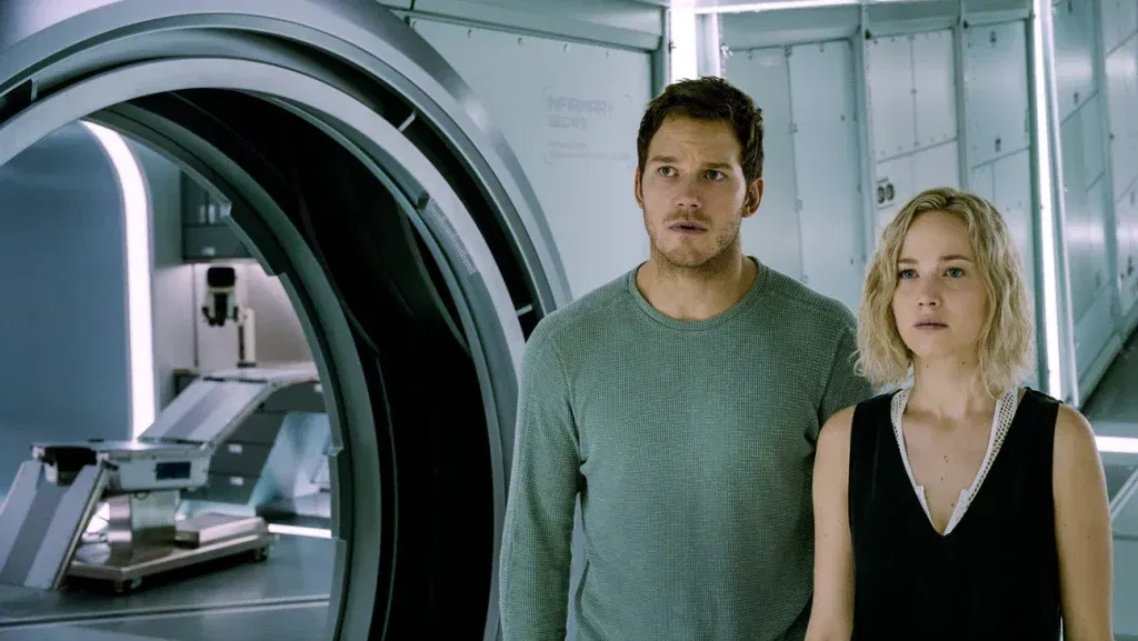 Chris Pratt and Jennifer Lawrence in space