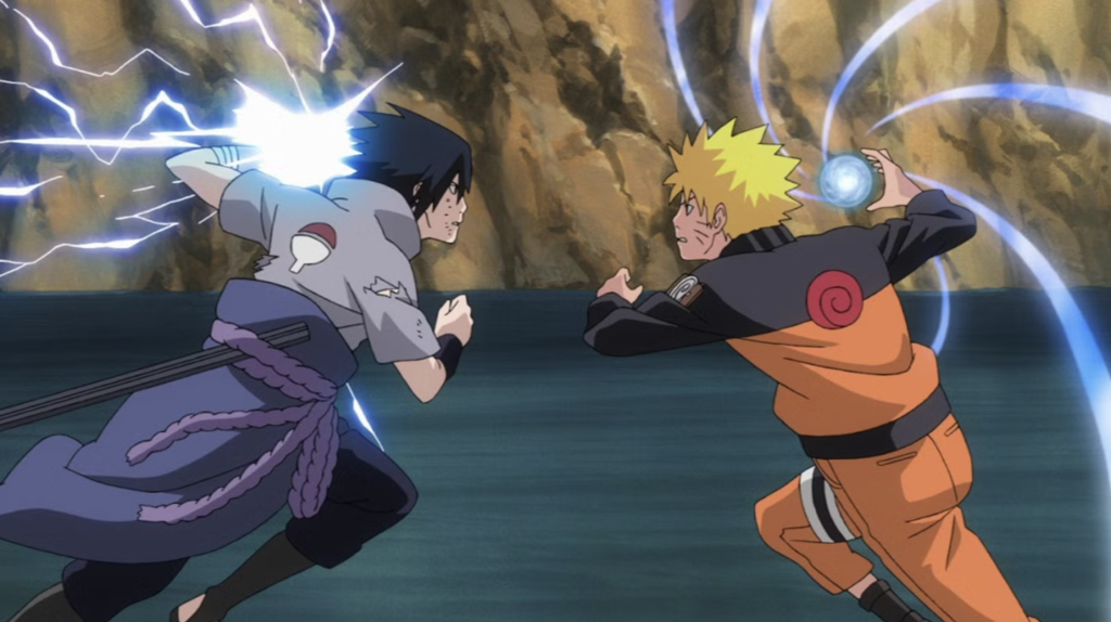 The image shows Sasuke Uchiha using his Chidori and Naruto Uzumaki using his Rasengan during their iconic clashes in the Naruto anime series.