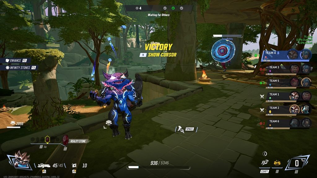  Infinity War mode screenshot showing a Rocket Raccoon player using an emote after defeating the opposing duo.