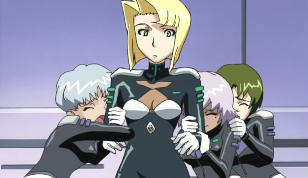 The character shown in the center with blonde hair is Layla Yuki from the anime series The Legend of Black Heaven (Kachou Ouji).