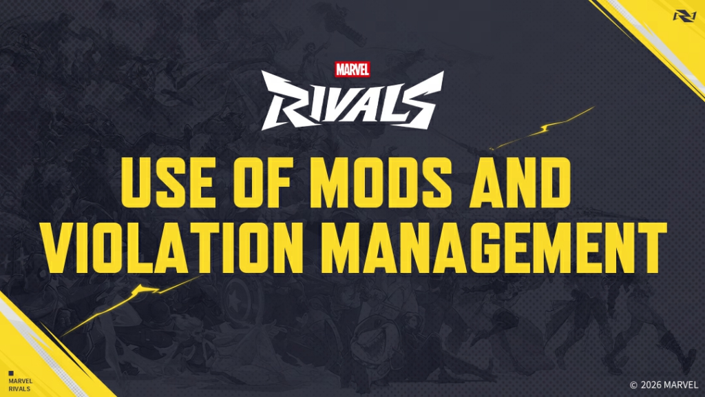 Graphics accompanying Marvel Rivals' statement regarding the "Use of Mods and Violation Management."  