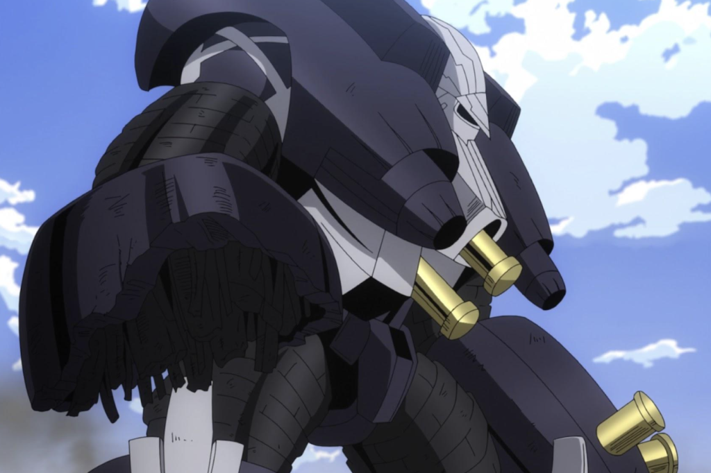The image shows Claustro (the Detnerat Patented Burden-Amplifying Steel Pressure Mechanism), a specialized support armor from the anime and manga series My Hero Academia.
