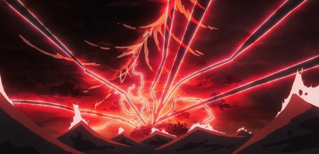 The massive red Conqueror's Haki burst released by the ancient robot Emeth from Joy Boy's stored Haki knot during the Egghead Island arc.