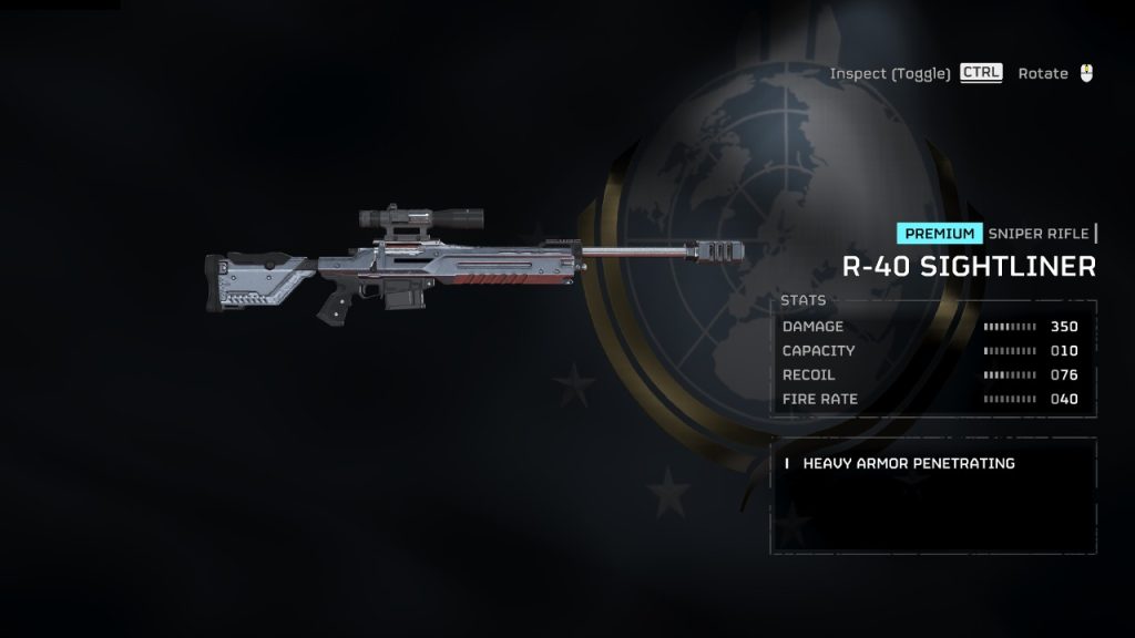 Helldivers 2 in-game screenshot showcasing the R-40 Sightliner sniper rifle from the Scope of Authority Premium Warbond.