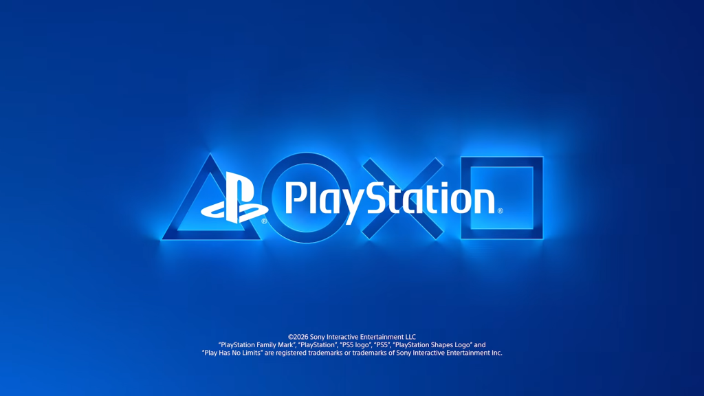 The PlayStation logo along with its signature triangle, circle, cross, and square symbols appearing over a blue background. 