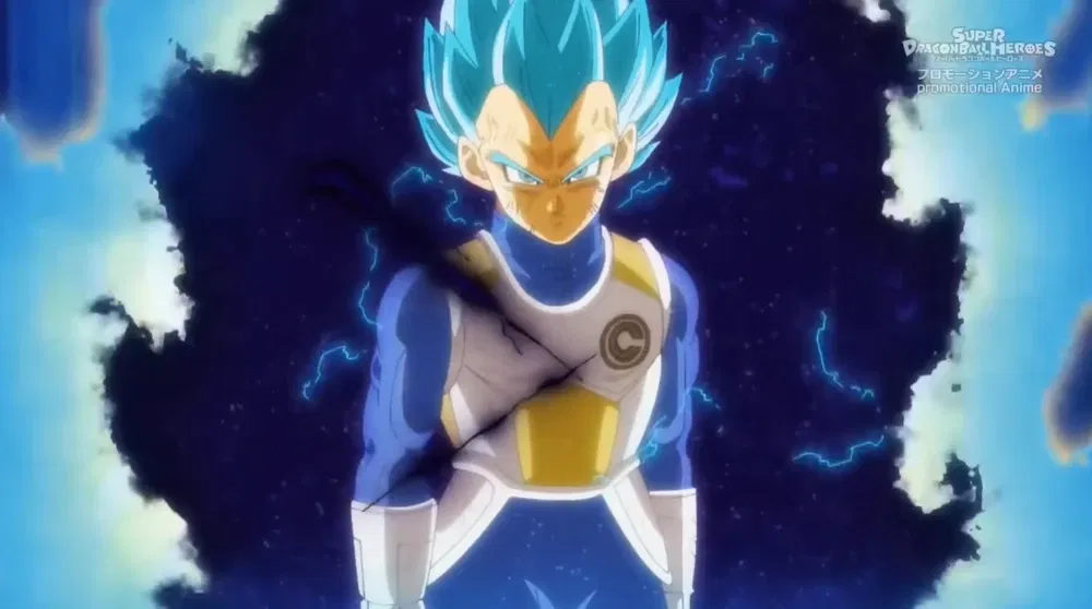 Vegeta in his Super Saiyan God Super Saiyan (Berserk Controlled) / Evil Aura state from the promotional anime series Super Dragon Ball Heroes.