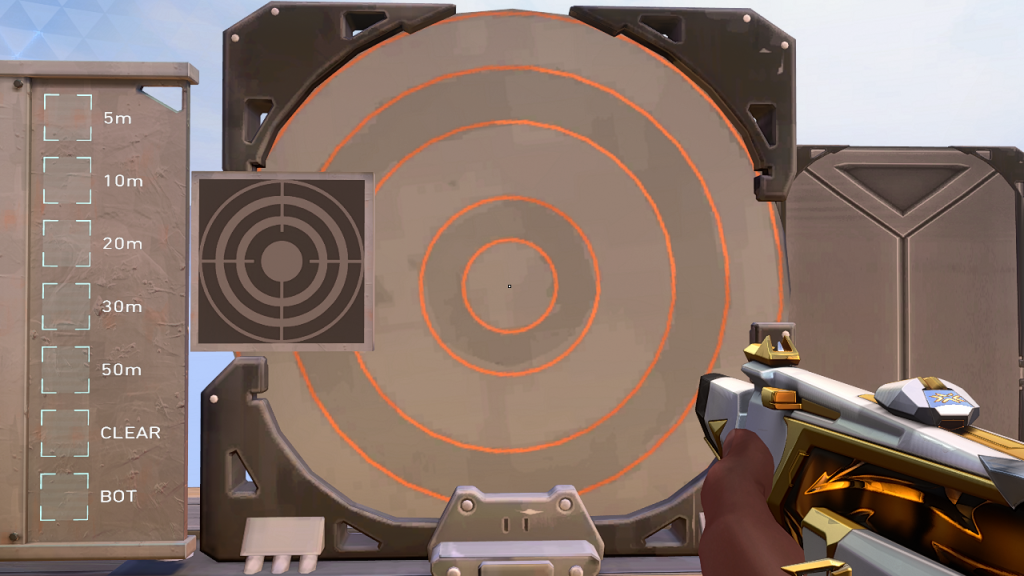 Valorant in-game screenshot showcasing the tenth most popular crosshair in the practice range.