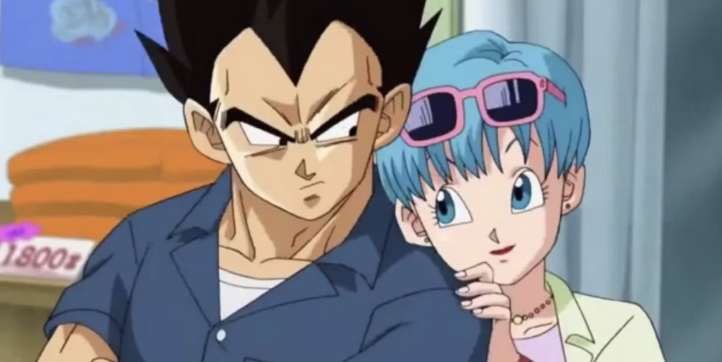 This image shows Vegeta and Bulma from the anime series Dragon Ball Super. This scene is from Episode 2 of Dragon Ball Super, where Vegeta takes Bulma and Trunks on a family vacation to a resort hotel to fulfill a past promise.