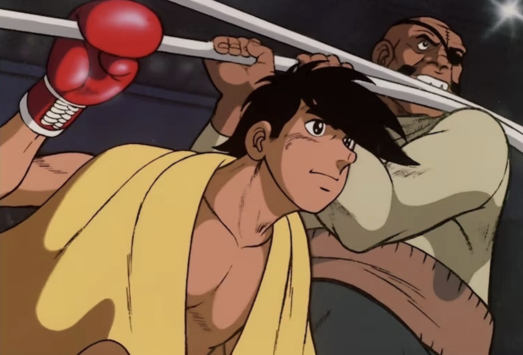 The image shows the protagonist Joe Yabuki with his coach Danpei Tange in the corner of a boxing ring from the classic anime series Ashita no Joe (also known as Tomorrow's Joe).