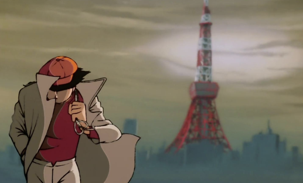 The image shows Joe Yabuki walking past the Tokyo Tower in the classic anime series Tomorrow's Joe (Ashita no Joe).