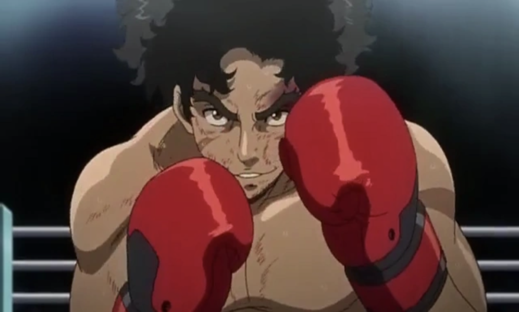 The image shows Gearless Joe (also known as Junk Dog) from the anime series Megalobox.