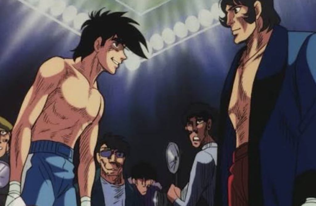 The image shows Joe Yabuki (left) facing off against his iconic rival Toru Rikiishi (right) in the classic anime series Ashita no Joe (also known as Tomorrow's Joe or Champion Joe).