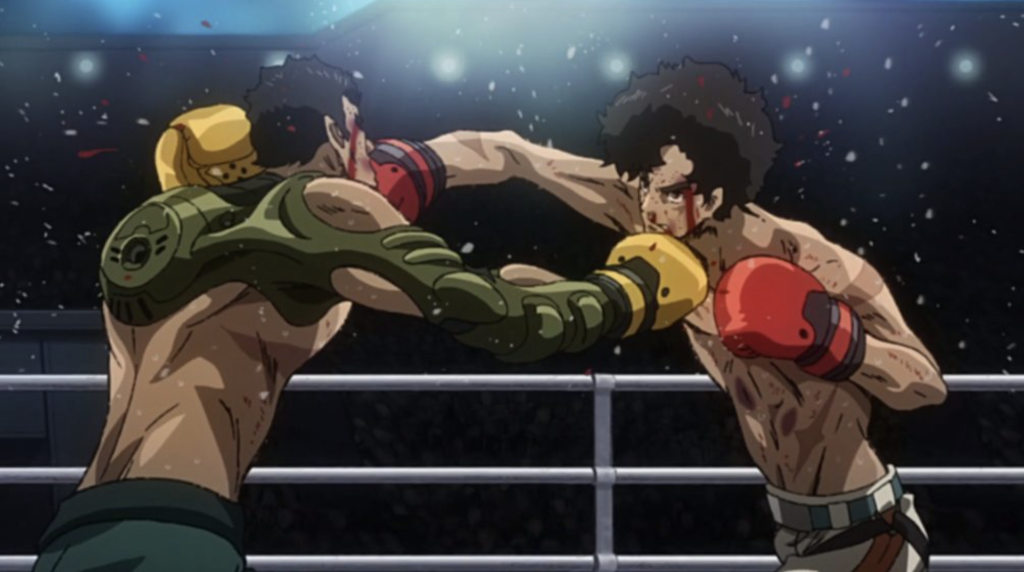 The image shows "Gearless" Joe trading punches with the war veteran and boxer Aragaki from the anime series Megalo Box.