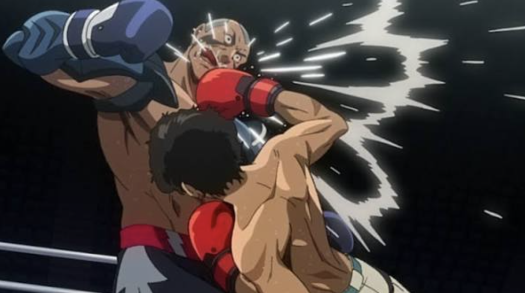 The image shows a scene from the anime series Megalo Box, specifically featuring the character Gearless Joe (Junk Dog) fighting his opponent Shark Samejima in Episode 4 ("Let's Dance with Death").