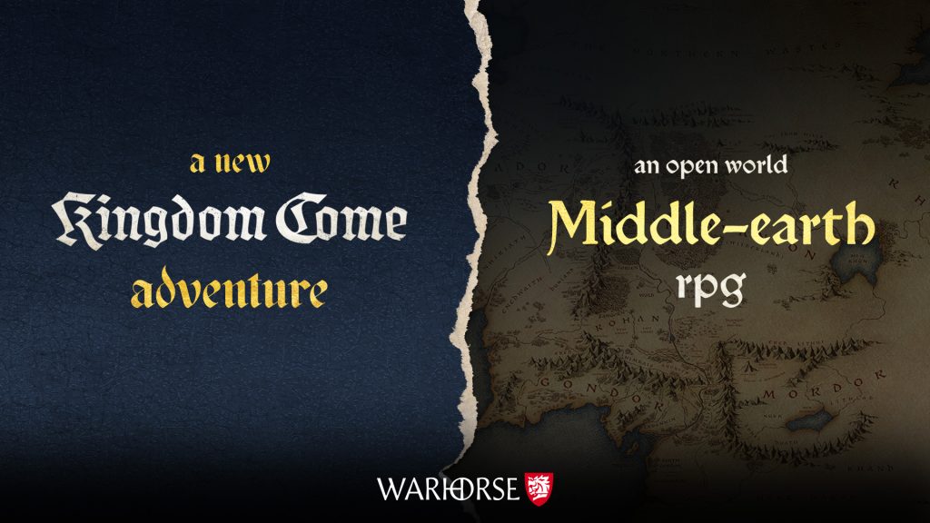 Official Warhorse Studios promotional art announcing the developer's next two projects: "a new Kingdom Come adventure" and "an open world Middle-earth RPG".