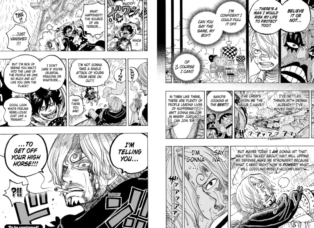 Sanji from the manga One Piece Chapter 1196, during his intense confrontation with the Holy Knight Killingham in the Elbaf arc.