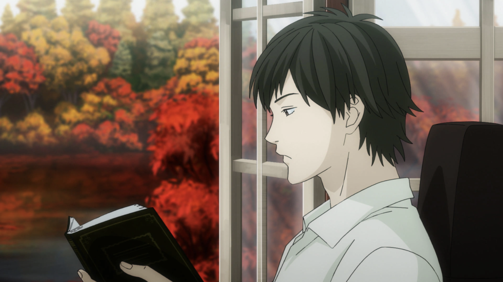 The image shows Gorō Shirasaki (Goro) reading a book in the episode "Mold / Library Vision" from the horror anime series Junji Ito Maniac: Japanese Tales of the Macabre.